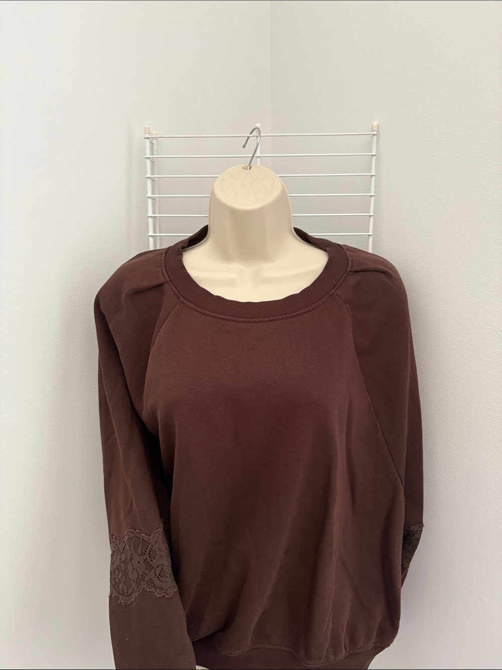 LOFT Brown Lace-Trim Pullover Sweatshirt